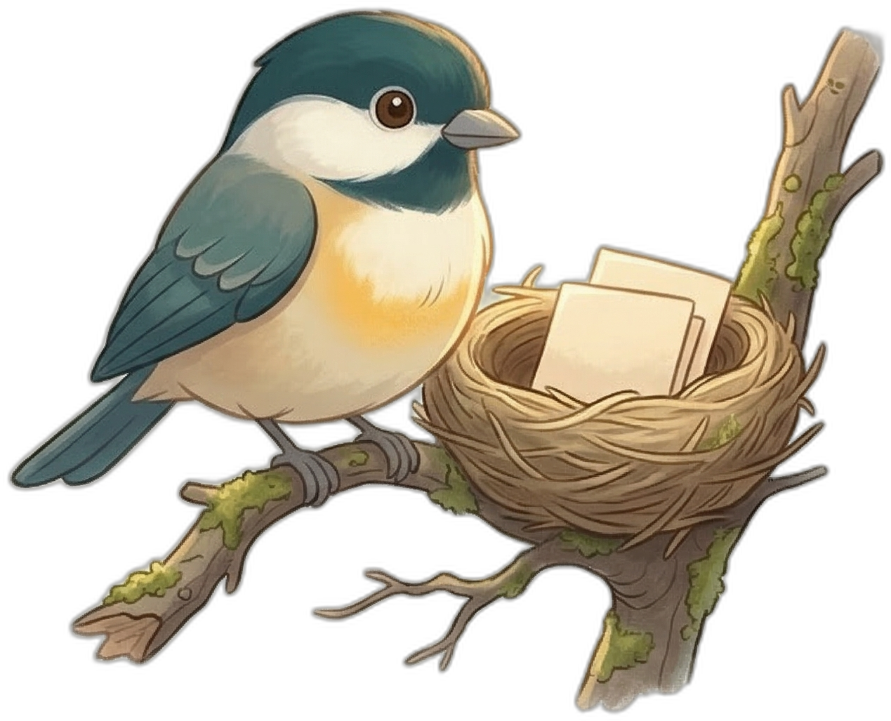 Picki chickadee beside a nest of saved posts
