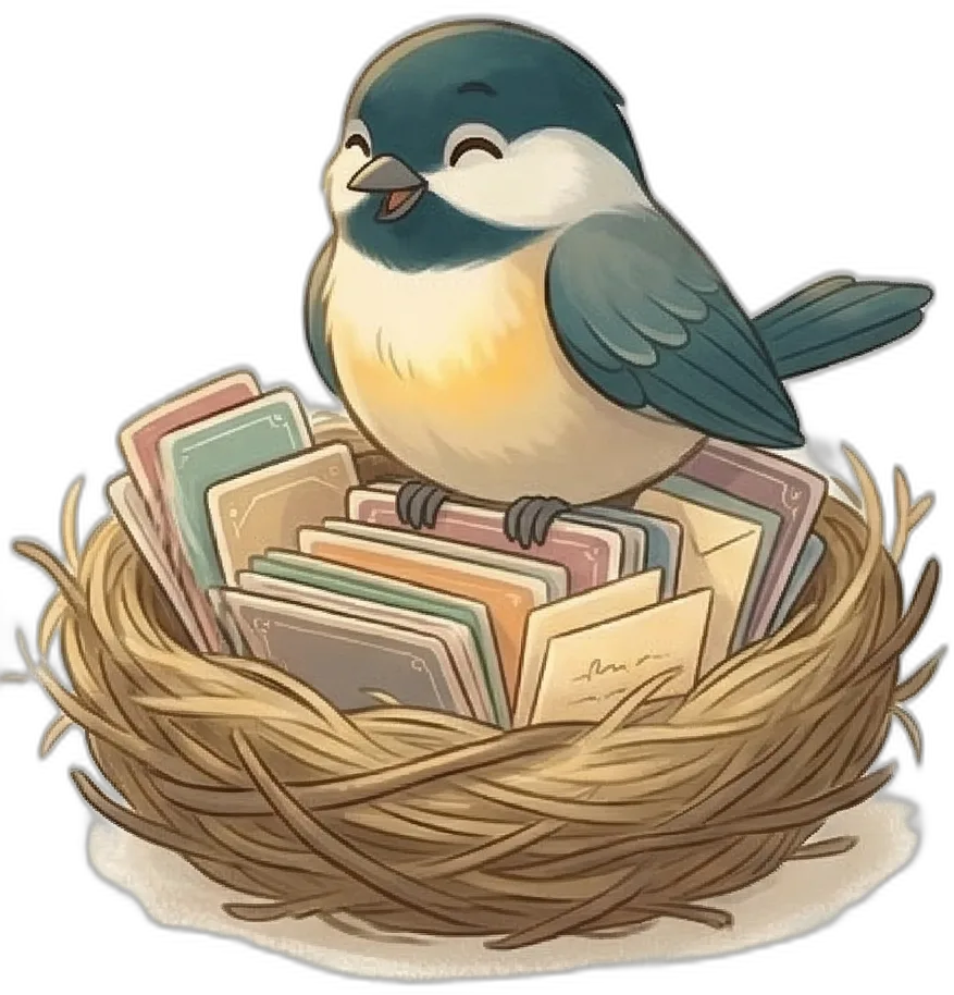 Chickadee collecting posts into a nest